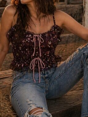 Boho Sheer Brown Floral Crop Top with Pink Accents